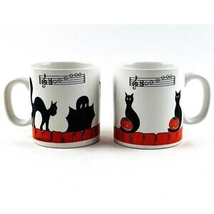 Vintage 1986 Telco Coffee Mug Cup Halloween Black Cat Orange Pumpkin Set 2 Boo B